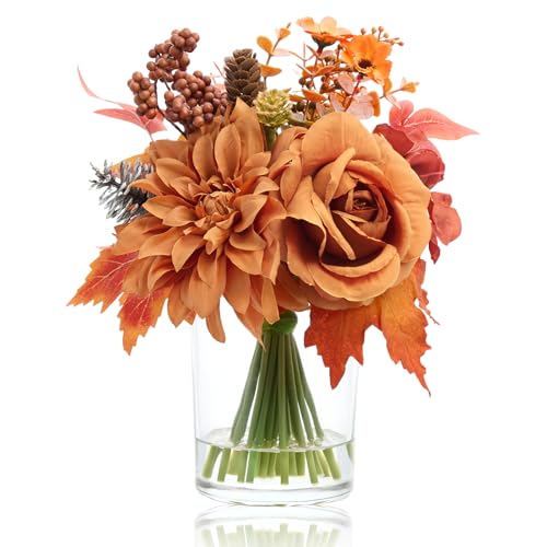 WELL KNOWN Artificial Flowers in Glass Vase, Burnt Orange Silk Rose Dahlia Flower Pine Berry Bouquet with Fake Water for Winter Home Dinning Coffee Table Wedding Chritmas Party Kitchen Decor & Gift - color: Burnt Orange Maple
