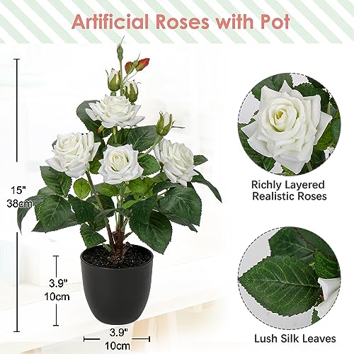 Hollyone Artificial Plants & Flowers with Vase White Roses Artificial Flowers Potted Plant Faux Silk Flower with Black Pot Fake Rose Flower Arrangement Home Decor Table Desk Decorations 15 Inch - color: Rose 1 - White (15inch)