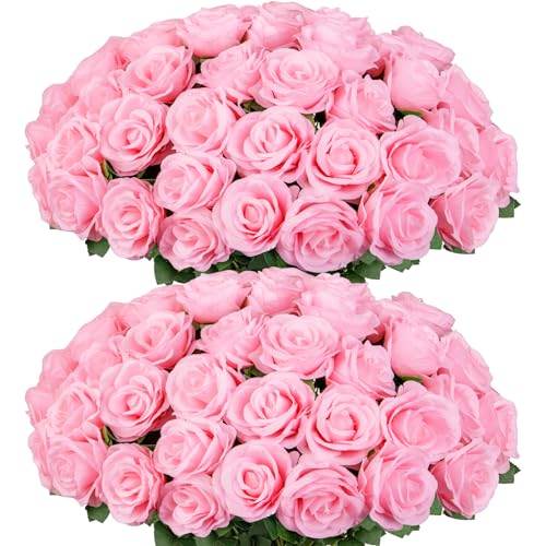 Ouddy Decor 50 Pcs Fake Roses Artificial Flowers Bulk Real Touch Velvet Silk Flowers with Long Stems for Wedding Bridal Bouquet DIY Table Centerpiece Mothers Day Valentines Gifts Home Decor, Pink - color: Pink, size: 50 Packs