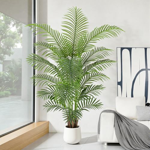 6ft Artificial Palm Tree Tall Faux Palm Tree Indoor Large Fake Plants with 18 Trunks Artificial Plants with White Pot Lifelike Leaves for Home Office Decor Living Rooms Bedrooms - color: Palm Tree 6ft