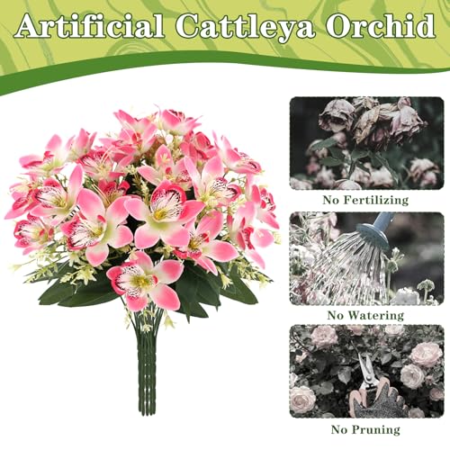 Coreland 12pcs Artificial Flowers Faux Cattleya Flower Bouquet for Vase Table Decorations Silk Flowers for Home Decor DIY Party Wedding Centerpieces Indoor Outdoor Arrangements (Vase not Included) - color: Pink - 12 Pcs
