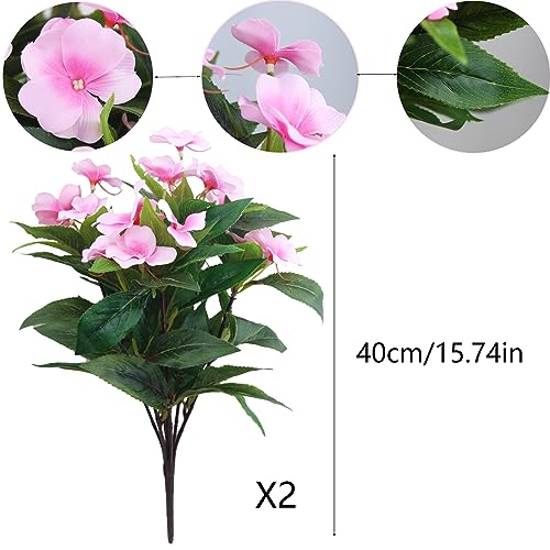 2 Branches Artificial Impatiens Flowers Faux Impatiens Bushes Pink Silk Flowers Greenery Artificial Impatiens Bouquet for Outdoors Patio Lawn Garden Pot Hanging Basket Porch Decoration - color: Pink