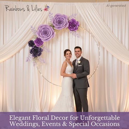 Rainbows & Lilies 10pc Large Paper Flowers Decorations for Wall – 3D Flower Wall Backdrop for Nursery, Girls Room, Baby Shower, Wedding, Bridal Shower – Pre-Assembled Reusable Purple Rose Decor Set