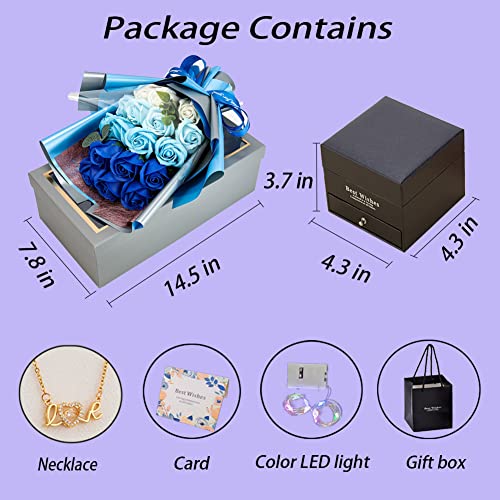 EIGHTOWN Roses Bouquet Artificial Flower - Preserved Blue Rose Flowers with Love Necklace for Her - Unique Gifts Valentine's Day, Mother's Day, Thanksgiving, Birthday, Anniversary - color: Navy and Blue