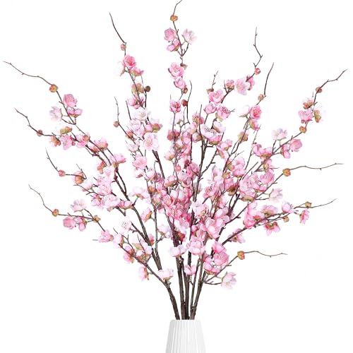 Sggvecsy Artificial Plum Blossom Flowers 4 Pcs Faux Cherry Blossom Stems Faux Silk Plum Blossom Branches 36.2’’ Fake Flowers Long Stems for Vase Arrangements Home Wedding Table Decor (Pink) - color: Pink