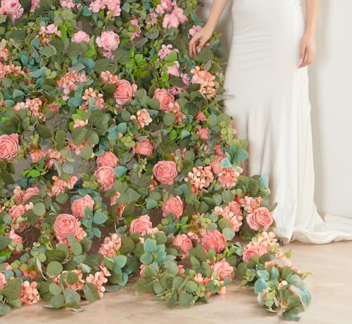 PONKING Flower Garland Artificial Rose & Hydrangea Vine Hanging Fake Flowers Vines for Wedding Birthday Party Valentines Christmas Room Wall Arch Decor, 1 Rose & 1 Hydrangea Dark Pink Floral Garland - color: Large Rose & Hydrangea Dark Pink Vines 5.4ft