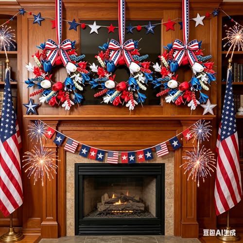 6 Pcs Small 4th of July Hanging Wreaths for Cabinets with Red White Blue Tulips Blooms Artificial Mini Independence Day Mini Candle Ring Wreath for Memorial Day Front Door Window Porch Wall Decor - color: Patriotic-5