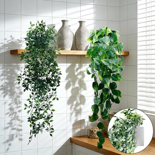 Artificial Hanging Plants for Shelf, 2-Pack Fake Potted Greenery Faux Mandala and Pothos Ivy Vines in Black Pot, Décor for Office Living Room Bathroom Indoor Outdoor - color: 2-pack Mandala Pothos Ivy Vines