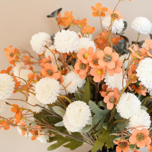 RyddeligHome Artificial White Kiku & Orange Wax Flowers, 22 Long Stems Bulk Silk Flowers for Vases, Floral Stems Arrangements for Modern Home Decor, Centerpieces for Tables, Rustic Decorations - color: Orange Wax+kiku