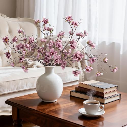 HyeFlora 3PCS Artificial Magnolia Flowers Stems for Spring Decoration, Faux Purple Magnolia Branches with Buds, 34.5" Long Stems Floral Arrangement for Vase Pot Table Centerpiece Indoor Decor - color: Purple