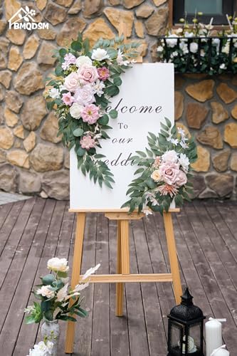 Wedding Welcome Signs Floral(Pack of 2)，Wedding Arch Flowers for Wedding Decorations and Reception Backdrop Decoration (New Pink) - color: New Pink