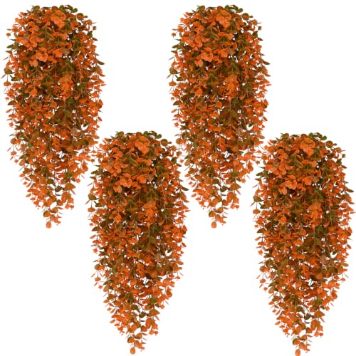 Waipfaru 4Pcs Fake Hanging Plants, Orange Eucalyptus Leaves UV Resistant Fake Vines Ivy Artificial Plants Outdoor Faux Plants Indoor Bedroom Living Room Boho Wall Porch Shelf Decor - color: Orange Eucalyptus Vines, size: 4Pcs Plants