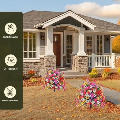Topiary Flower Ball Trees Artificial Outdoor Set of 2, D15.8" UV Resistant Faux Boxwood Flower Ball Plants with Stake,Realistic Faux Shrubs Planter Filler for 4th of July Front Cemetery Porch Garden - style: Violet