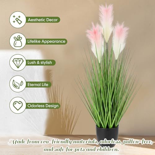 Jexine 2 Pcs 4 ft Artificial Tall Grass Plants for Outdoor Faux Tall Grasses Plant with Reed Flowers Potted Fake Greenery Plants for Housewarming Gift House Garden Lobby Outdoor Decoration (Pink) - color: Pink