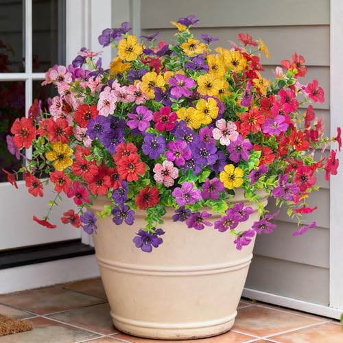Ammyoo Artificial Flowers for Outdoors Spring Decoration, 12 Bundles Fake Flower Daisy with Realistic Eucalyptus Leaves, Faux Plants for Greenery Boxwood Porch Patio Garden Pot Lawn - color: Purple Deep-purple Rose-red Pink Yellow Red