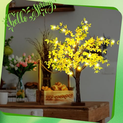Baquler 2 Pcs Fake Forsythia Tree Lamp Artificial Yellow Flowers Tree Lamp Forsythia Stems Birch Tree with LED Lights Spring Artificial Stem Flowers for Easter Home Party Wedding Holiday Spring Decor