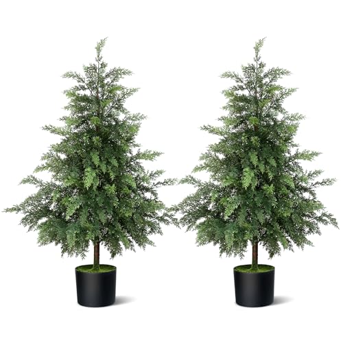 3FT Soft Textured Cedar Topiary Trees for Front Porch Decor, Artificial Shrubs Faux Plants Potted UV Resistant Fake Greenery for Outdoor Indoor Door Garden Farmhouse Home Decoration (Set of 2) - size: 3FT