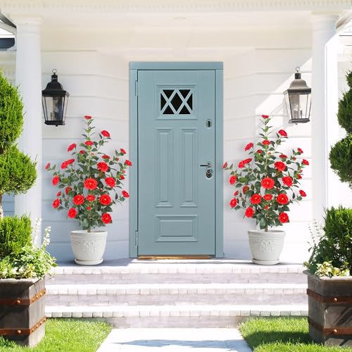 1Pack 47.24"/3.94FT Artificial Camellia Trees with 36 Red Flowers in Cement Pots – Lifelike Fake Trees for Front Porch, Home, Indoor Outdoor Spring Decor, Office or Housewarming Gifts - color: Red, size: 3ft 11in