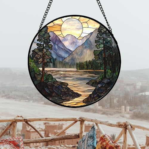Stained Glass Window Hanging, Sunset Mountains Lake Tree Sun Catcher for Window Home Decor Landscape Suncatcher Mother's Day Birthday Gifts for Women Men Mom and Nana 9.8 in - color: 1-yellow Green, size: 9.8x9.8 IN