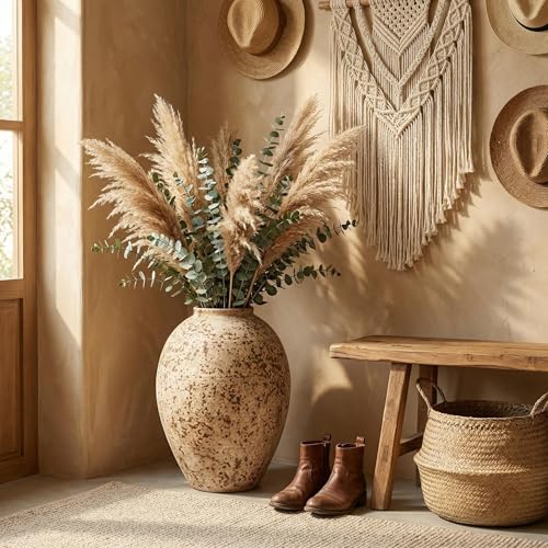 Ceramic Rustic Farmhouse Vase,Extra Large Terra Cotta Vase, Huge Pottery Decorative Flower Vases for Living Room Entryway Table Centerpiece Decor(14.5'' X 11'' x 11'') - color: Waist Line Honeycomb