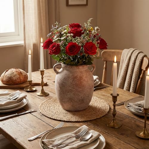 Ceramic Flower Vase Home Decor - 7.28Inch Farmhouse Rustic Vase,Double Handle Pottery Terracotta Vases for Living Room Dining Bedroom Table Decor Festive Decor Housewarming Gift - size: 7.28In
