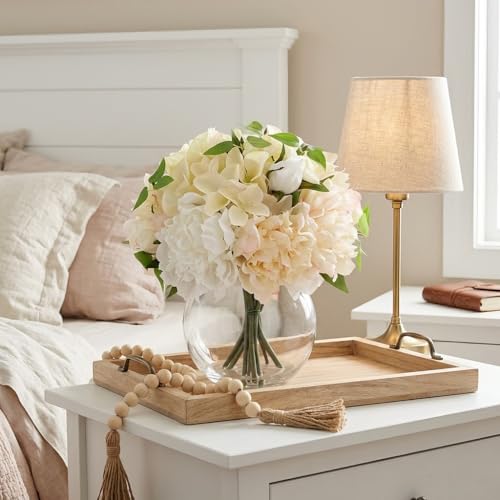 Artificial Flower in Vase, Faux Silk Flowers Arrangement Peony Hydrangea Poppy Eucalyptus Bouquet with Faux Water, Fake Floral Centerpiece for Dining Table Home Decor Wedding Office Shelf - White - color: White