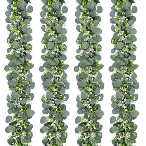 Waipfaru 4Pcs Eucalyptus Garland, 5.9FT Greenery Garland, Green Garland with Flowers, Artificial Faux Silver Dollar Eucalyptus Leaves Vines for Table Home Wedding Mantle Party Indoor Outdoor Decor - color: Eucalyptus Garland, size: 4Pcs