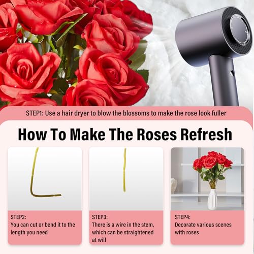 20PCS Artificial Roses with Long Stems - Realistic Silk Flowers, Fake Roses Real Touch Bouquet of Roses for Mother's Day, Home Decor, Bridal Wedding Party, Bulk Faux Rose Flowers (Red) - color: Red, size: 20 PCS