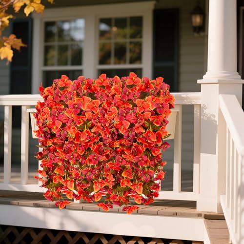 INXUGAO 2 pcs Artificial Faux Bougainvillea Fall Flowers Plants for Outdoor Outside Decoration, Fake Silk UV Resistant Long Trailing Vines for Front Door Porch Planter Balcony Decor - color: Orange Red