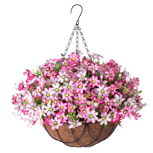 INXUGAO Artificial Silk Flowers Hanging Baskets Outdoors Indoors,Chrysanthemum with Eucalyptus Leaves Arrangement for Garden Yard Spring Summer Decor,Faux Plant in Metal Coconut Lining Flowerpot(Pink) - color: B-pink