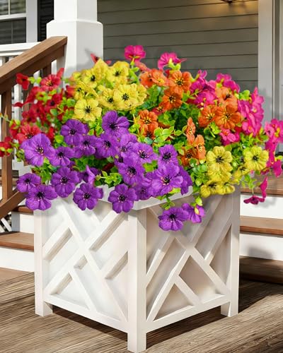 Artificial Fall Flowers for Outdoors, UV Resistant Fake Silk Flowers No Maintenance for Outside,Faux Mums Eucalyptus Plants for Porch Patio Garden Planter Box Home Autumn Outdoor Decor(10pcs) - color: 2(pu+ye+rs+or+rd)