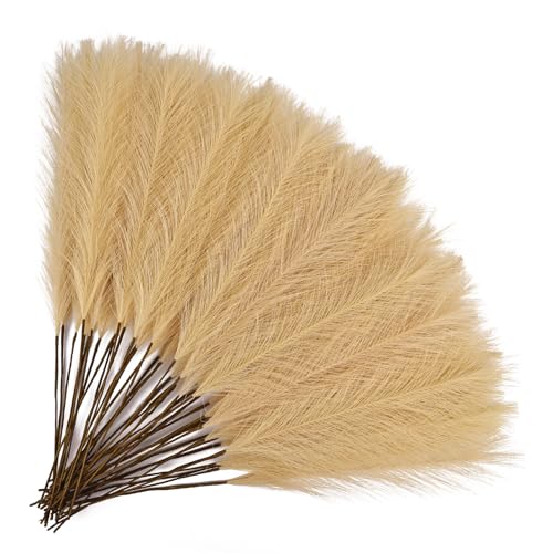50pcs Beige Yellow Pampas Grass 21.6 Inch Non-Shedding Faux Pampas for Warm Neutral Home, Boho Weddings and Golden Tone Vase Arrangements - color: Beige Yellow