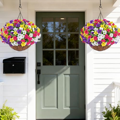 Realistic Artificial Hanging Flowers for Outdoors with Basket, 2 Set Large Size UV Resistant Artificial Outdoor Flowers, Full Faux Outdoor Flowers Fake Hanging Flowers for Porch, Front Door, Garden - color: Purple+yellow+white+red, size: 2 Set