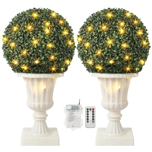 IDEALHOUSE 24 Inch Outdoor Artificial Trees with Lights, 2-Pack Pre-Lit Topiary with Remote & Timer, UV Resistant Faux Plants in Vintage Urn Pot for Porch, Patio, Home Decor, White Base - color: White Base