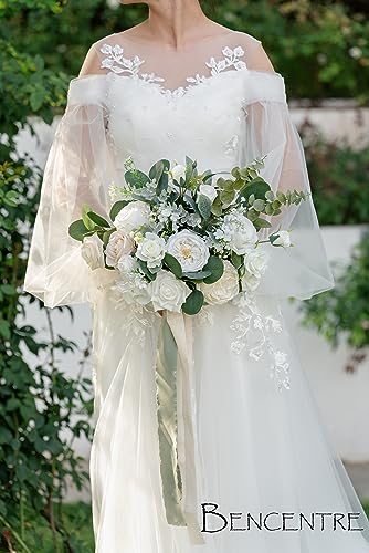 14 Inch White Bridal Bouquet,Wedding Bouquet,Bride Bouquets for Wedding Ceremony Anniversary, Party and French Rustic Vintage Wedding,Artificial Flowers - color: White & Greenery, size: 14 Inch