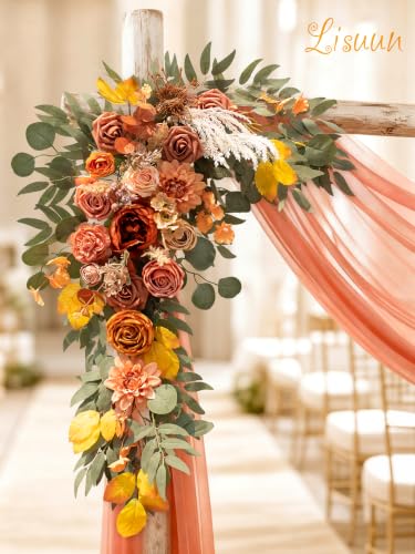 Lisuun Artificial Wedding Arch Flowers with Chiffon Runner, Pack of 3 | Includes 2 Flower Swags, 1 20ft Chiffon Runner and Zip Ties for Wedding Arches, Arbors and Backdrops - color: Autumn Orange