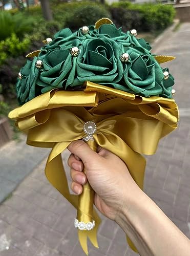 Handmade Wedding Bouquet Artificial PE Rose Bridal Bridesmaid Bouquet with Soft Ribbons Wedding Hand Holding Bouquet Artificial Fake Flowers Toss Bouquet(A-Emerald Green, 7.9"/20cm) - color: A-emerald Green, size: 7.9"/20cm