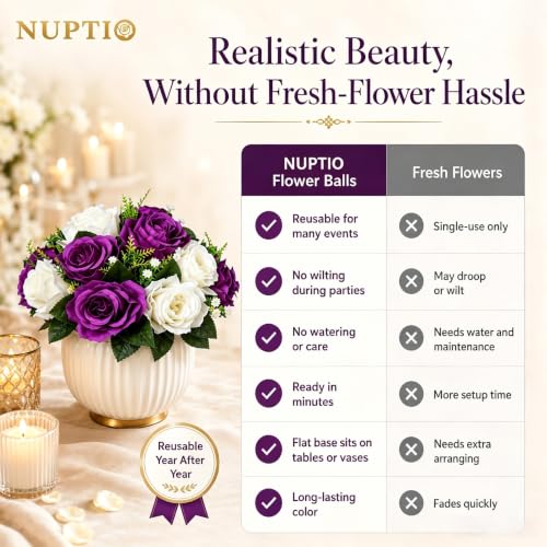 NUPTIO Flower Balls Centerpieces for Tables: 6 Pcs Purple White Fake Roses | for Wedding Party Table Centerpiece - Artificial Flower Arrangements for Birthday Quinceanera Decorations - color: Purple & White, size: 6 Pcs