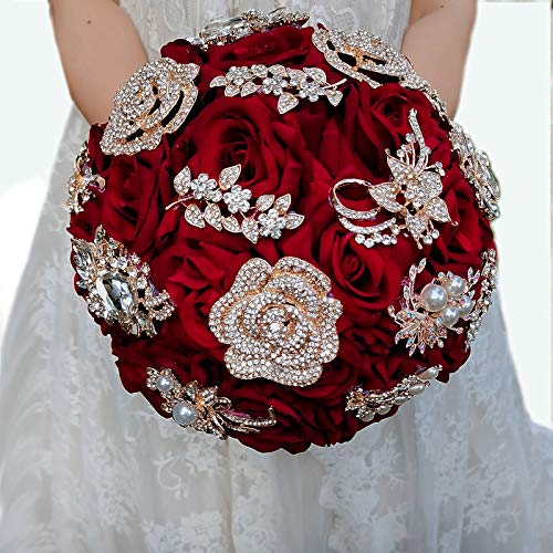 YIFU Wedding Bride Water Drop Wine Red Bouquet Navy Blue Luxury Jewelry Proposal Bridesmaid Groom Bride Flower Wedding Bouquet - color: Wine Red Ball Bouquet