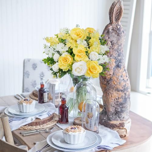 HUAESIN 6Pcs Peonies Artificial Flowers Silk Rose Bouquets Yellow White Faux Floral Arrangements for Indoor Vase Home Table Centerpieces Wedding Outdoor Cemetry Flowers - color: Yellow