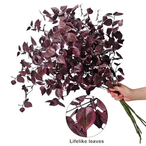 6 Pcs Artificial Fall Stems Long Stem Fall Flowers for Tall vase Burgundy Eucalyptus Stems Lifelike Faux Fall Foliage Stems Dusty Plum Stems for Indoor Home Table Vase Centerpiece Farmhouse Fall Decor - color: Red Brown