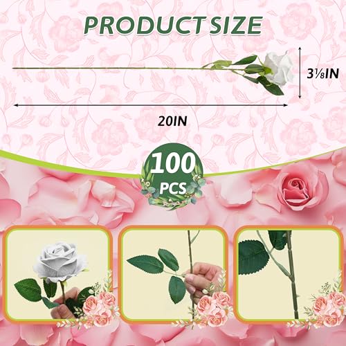 100 PCS Fake White Roses, Artificial Flowers Bulk Realistic Silk Faux Ivory Rose with Stems for Wedding Decorations Table Centerpieces Bridal Bouquet DIY Floral Arrangement Event Party Home Decor - color: White, size: 100 Pcs