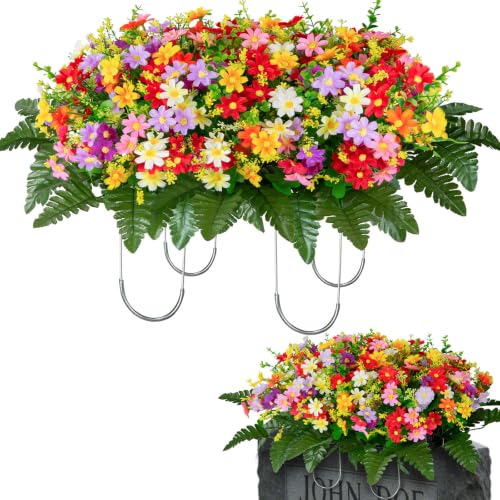 XONOR Artificial Cemetery Flowers Saddle, Artificial Memorial Silk Daisy Flowers for Grave Headstone Decoration, Assorted Colors Daisy for Spring Summer Decoration (Saddle) - color: Saddle