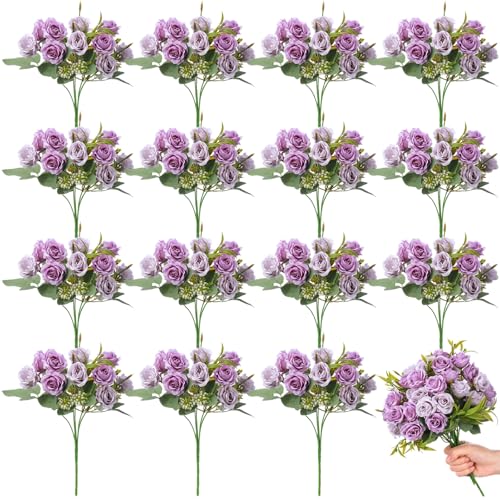 Zeyune 16 Bunches 12 Inch Artificial Mini Rose Bouquet 160 Heads Bridal Flower Bouquets Fake Silk Rose Bulk for Valentine's Day Wedding Bridal Shower Home Office Garden(Purple and Light Purple) - color: Purple and Light Purple