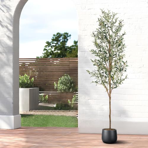 Artificial Fake Olive Tree 7FT Tall 1Pack Faux Silk Olive Tree for Home Living Room Office Decor Faux Artificial Plants Indoor Fake Potted Plants with Fruit & Free Moss - size: 7ft