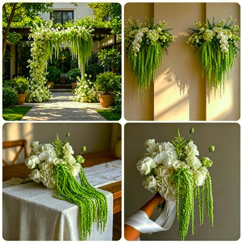 5Pcs Dried Amaranthus Hanging Flowers, 53" Neon Green Preserved Natural Wisteria for Wedding Arch, Table Centerpiece, Wall Hanging Lover Tears, Floral Arrangement (Green) - color: Green