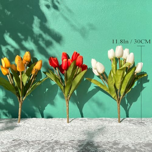 Artificial Fake Flowers for Spring Summer Outdoor Decoration,6 Bundles Shyshining Realistic UV Resistant Silk Fabric Colorful Tulip Faux Plants for outside Planter Home Porch Patio Decor(White Orange) - color: White Yellow Orange