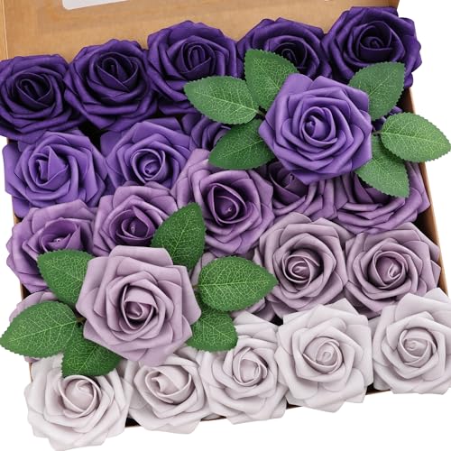 25pcs Artificial Flower，Real Looking Foam Roses w/Stem for DIY Wedding Bouquets Centerpieces Bridal Shower Party Decor-Shades of Series Purple - color: Shades of Series Purple