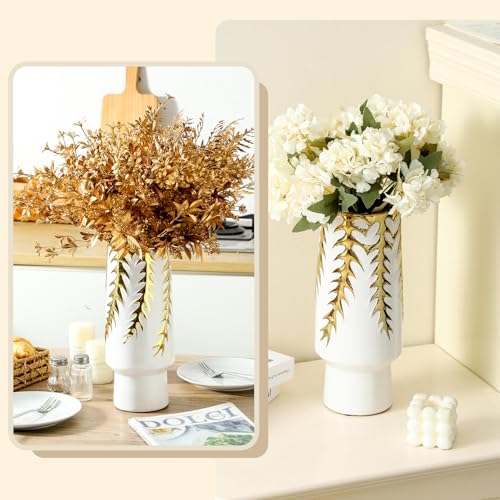 Ceramic Flower Vase, White and Gold vase, 12in Ceramic vases for Home Decor Leaf Pattern Decorative Centerpiece Vases, Vintage-vase for Table, Dining Living Room, Entryway, Office House Decoration - size: 12 Inch