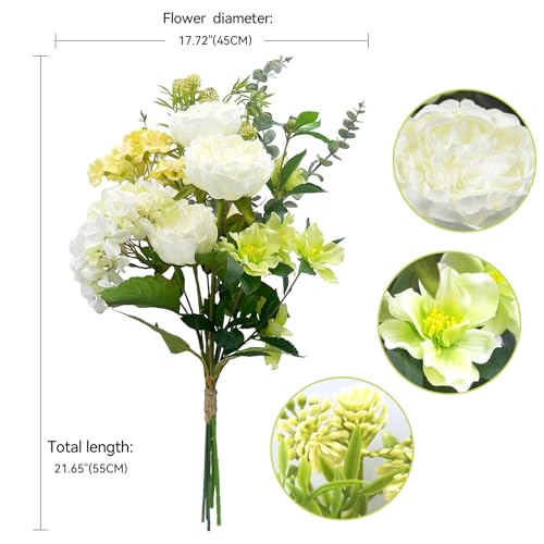 Artificial Flowers Bouquet – Fake Silk Hydrangea Peony and Eucalyptus Mix, Faux Flower Arrangements for Home, Office Decor and Dining Table Centerpieces (White Yellow&Green) - color: White Yellow &Green